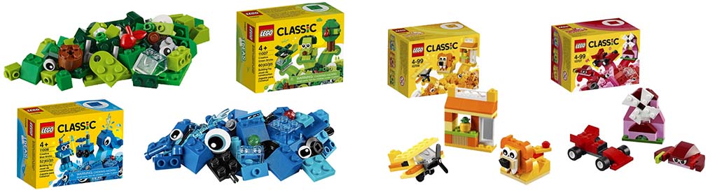 Cajas Lego classic azul, verde, amarilla y roja